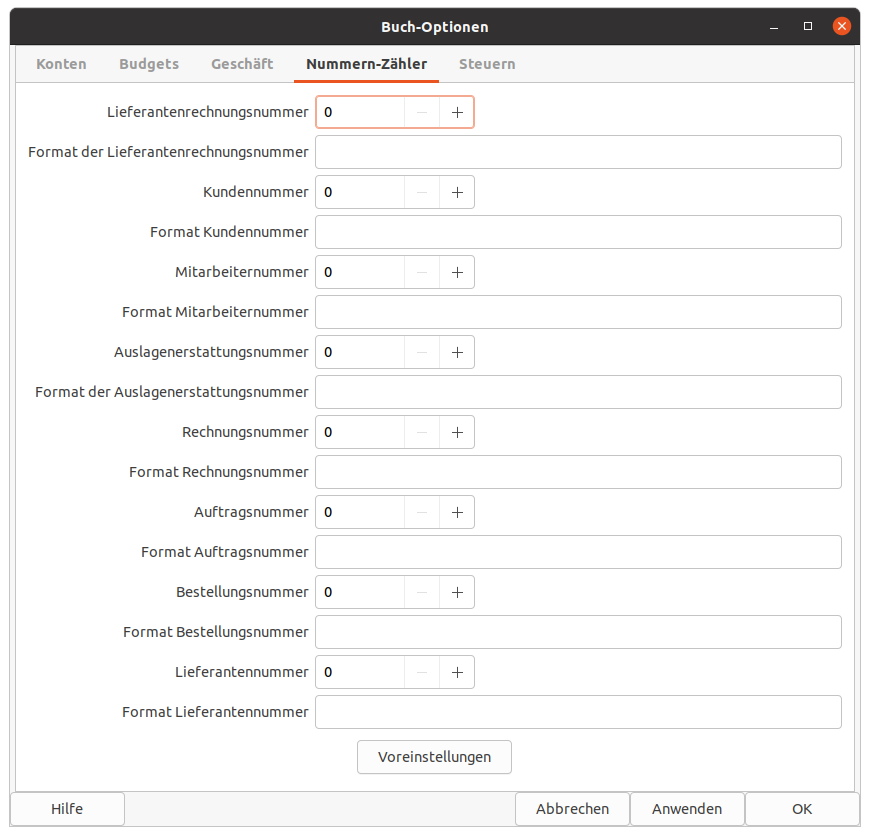 Der Reiter „Nummern-Zähler“ im Fenster der Buch-Optionen