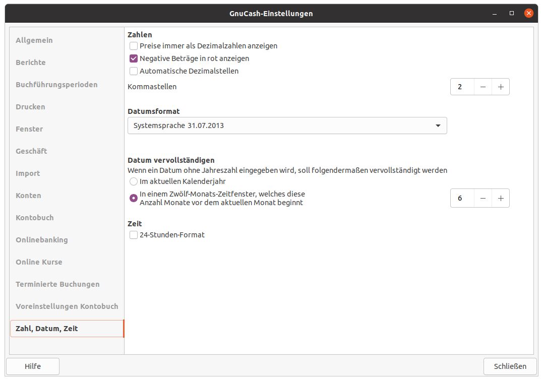 Die GnuCash-Einstellungen für Zahl, Datum, Zeit