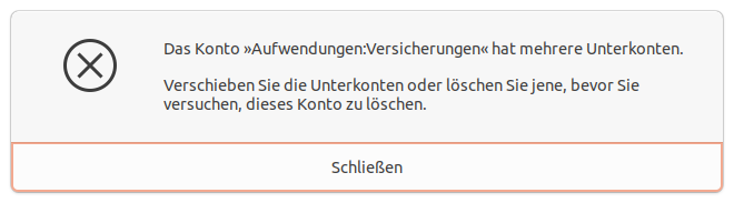 Warnhinweis beim Löschen von Konten inklusive Unterkonten