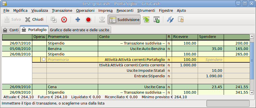 Schermata del registro del conto