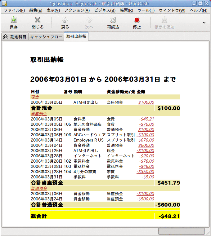 3月の資産勘定科目の取引出納帳