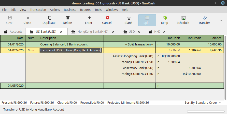 The Transaction After Transfer Displayed in The US Bank Account Register